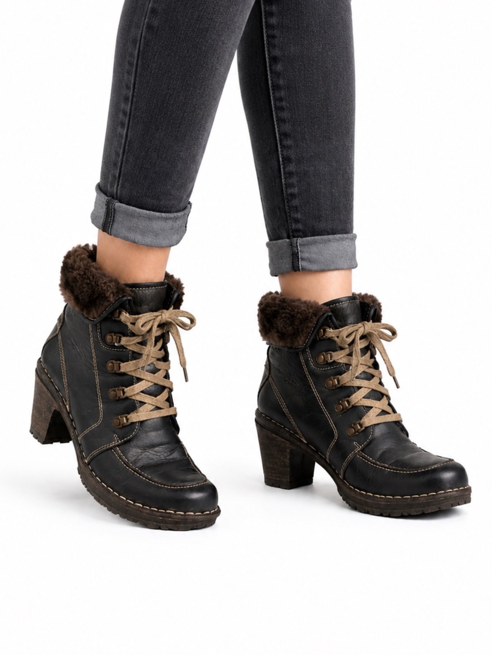 Size‎ 7 (EU 38) Josef Seibel Women’s Kingfisher Leather Lace-Up Fur Trim Boots